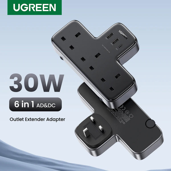 ឆ្នាំងសាក UGREEN 30W UK Plug Desktop Charger Power Strip Extension Adapter សម្រាប់ iPhone 17 16 Pro Max Xiaomi Wall Charger Fast AD DC