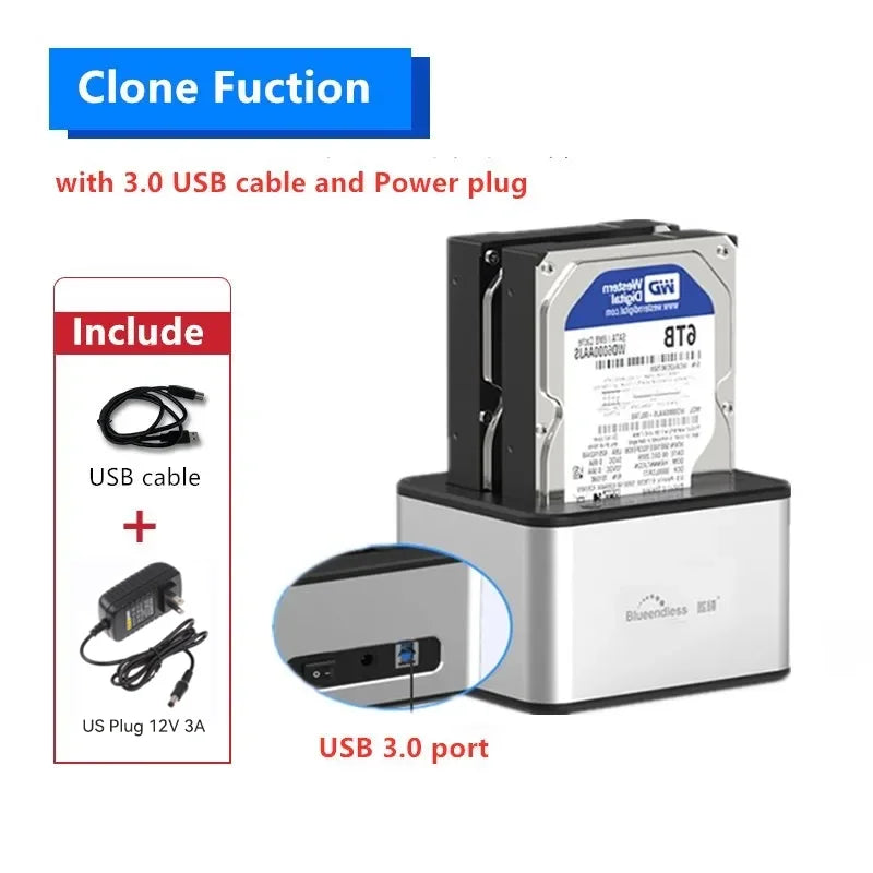 ប្រអប់ HDD ពីរ Bay Blueendless ស្ថានីយ៍ចត SSD ករណីក្រៅបណ្តាញក្លូន SATA ទៅ USB 3.0 អាដាប់ទ័រចម្លងសម្រាប់ថាស SSD/HDD ទំហំ 2.5 3.5