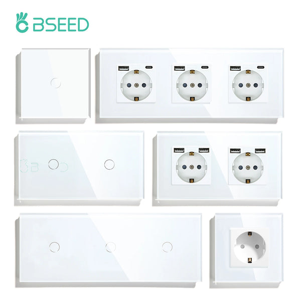 BSEED Touch Light Switches LED Backlight EU Wall Sockets Switches Glass Panel Max.Load 300W 1/2/3Gang 1Way LED Light Switches