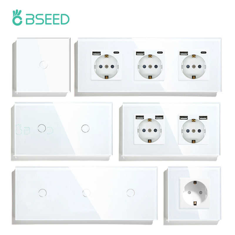 BSEED Touch Light Switches LED Backlight EU Wall Sockets Switches Glass Panel Max.Load 300W 1/2/3Gang 1Way LED Light Switches