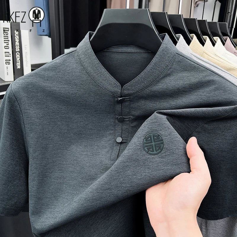 Men Summer Chinese Style Short Sleeve T Shirt Mandarin Collar Frog Button Embroidered Casual Breathable Tee