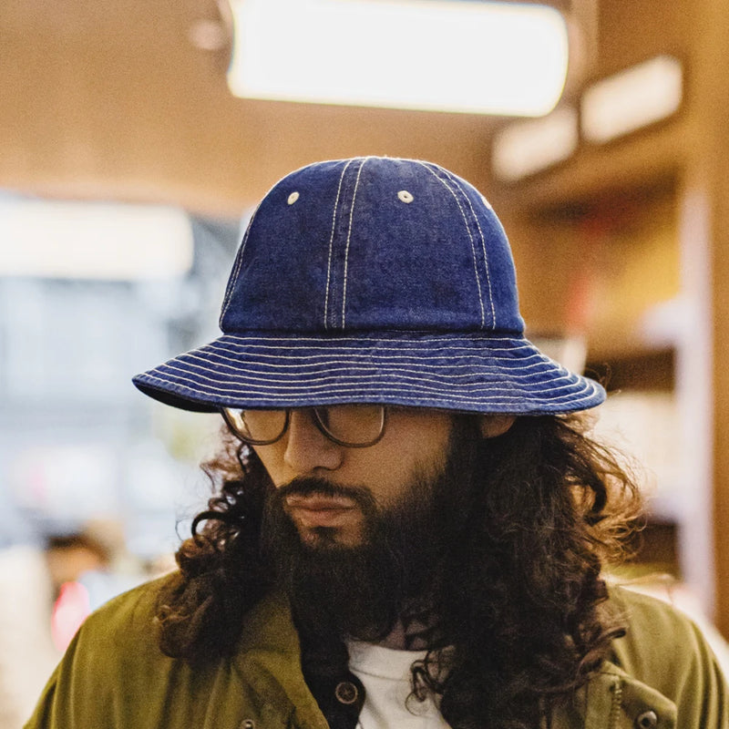 មួក Maden Vintage Denim Blue Bucket Hat មួកមូលមានគែមធំទូលាយសម្រាប់មួកអ្នកនេសាទ Unisex ដែលមានខ្យល់ចេញចូលបាន មួក Denim ធម្មតាសម្រាប់ក្រៅផ្ទះ