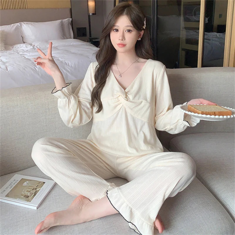 M-5XL NEW Long Sleeve Trousers Suit Ladies Home Clothes Loose Pajamas Set Female Autumn Winter Cotton Pijamas Women Plus Size
