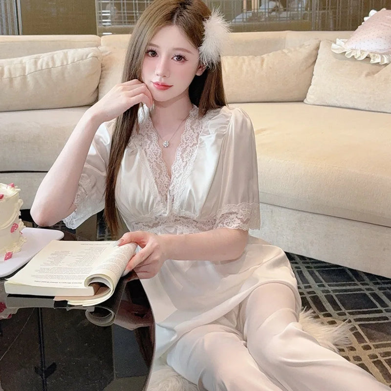 Silk Loungewear for Summer Pajamas Short Sleeve Sleepwear Women's Home Clothes 2Pcs Solid Color Homewear Suit Pijama Pyjamas