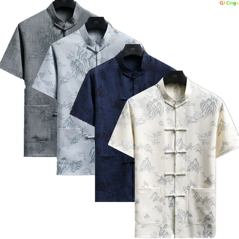 Chinese-style Men's Beige Short-sleeve Jacquard Shirt; Summer Blue Single-breasted Stand-collar Shirts.