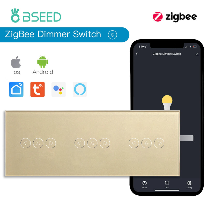 BSEED Zigbee Dimmer Switches Triple Smart Wall Touch Switch LED Dimmable Light Switch Tuya Smart Life Alexa Wireless Control