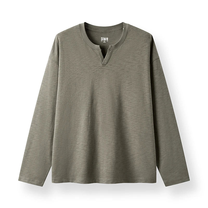 Semir Versatile Tshirt Men 2026 Spring Solid Color Small V Neck Loose Commute Basic Casual Comfortable Inner Layer Top