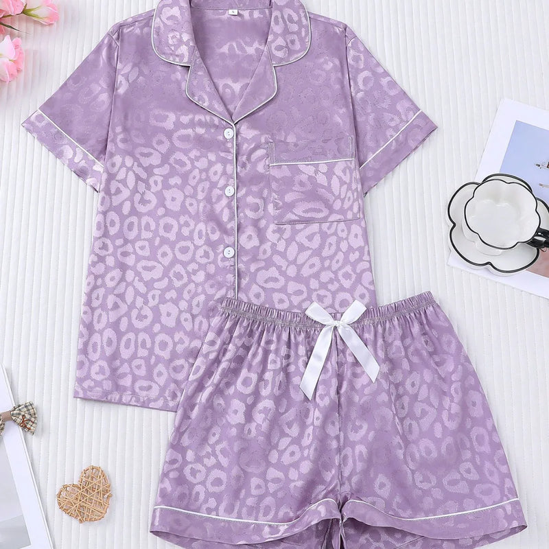 Leopard Print Summer Pajamas with Shorts Lapel Collar Tops Loungewear Sets Woman Nightwear New Ice Silk Short Sleeve Sleepwear
