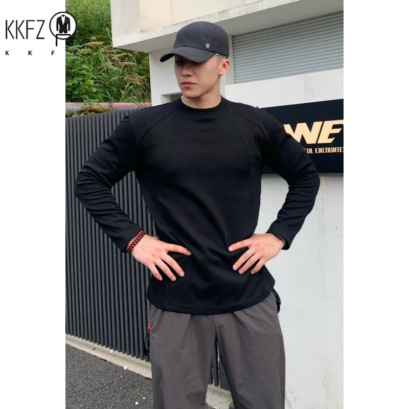 Mens Casual Crew Neck Long Sleeve T Shirt Vertical Panel Weave Tailored Cut For Weekend Gathering Outdoor Activity Scenes