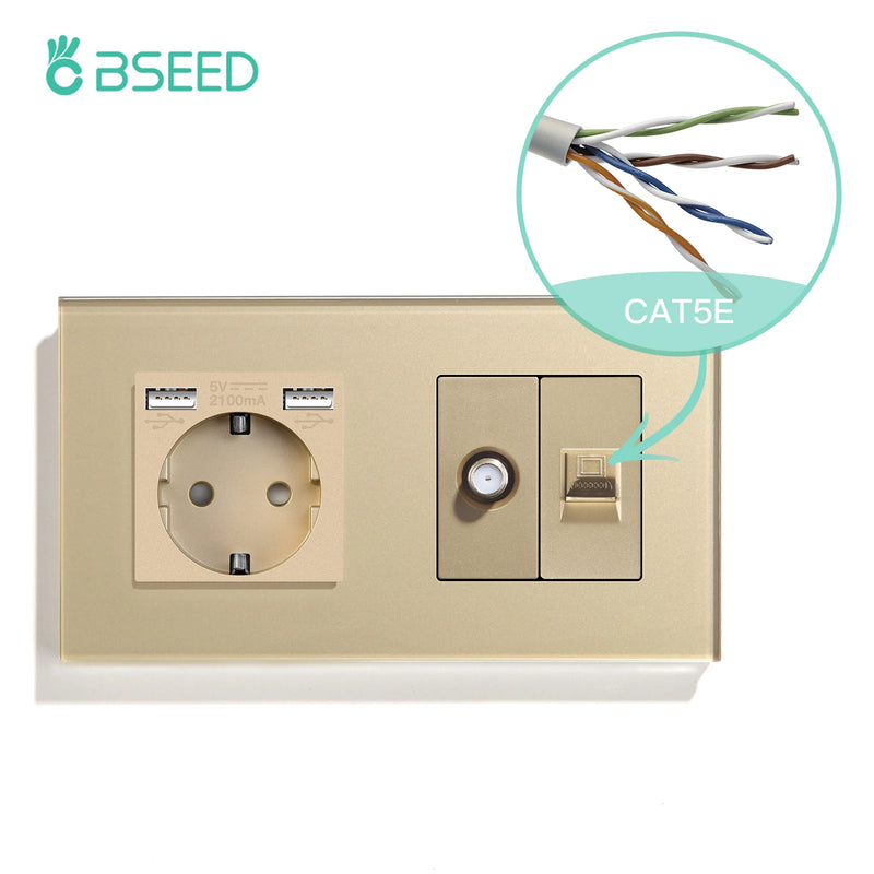 BSEED Double EU Standard Wall Plug 16A 100-250V With CAT5 Computer Network Power Sockt Satellite Antenna Outlet 157*86mm