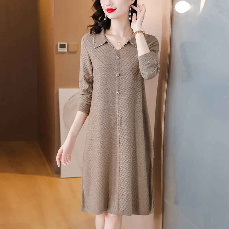 Elegant Lapel Long Sleeve Tops Knitting Woman Clothes Woolen Spring Autumn Knitwear Women's Sweater Pullover Dress Female