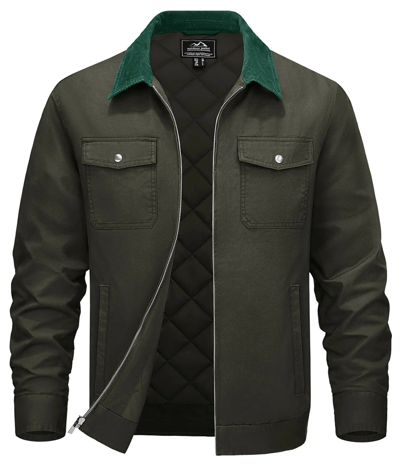 TACVASEN Quilted Cargo Jackets Lightweight Full Zip Corduroy Collar Jackets Cotton Casual Shacket Padded Coats with 5 Pockets
