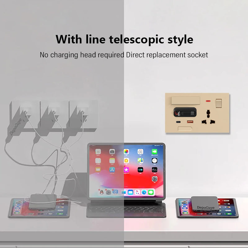 UK 13A Wall Socket With 20W USB Type-C Fast Charging Plug Outlet Universal Smart Wall Adapter With Expandable Charging Cable