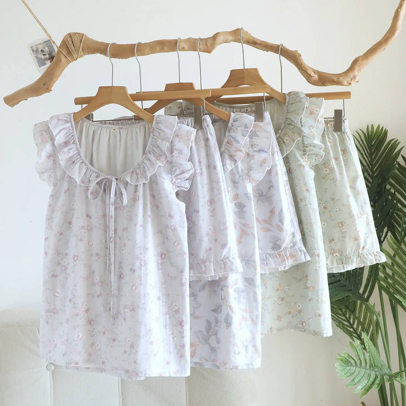 Gauze Cotton Pajama Set Woman Night Clothes New Floral Summer Sleeveless Pyjama Sleepwear Women's Home Suit Night Wear Female