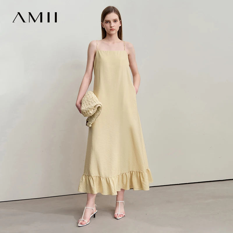 AMII Minimalist Vacation Lyocell Dresses 2026 Summer Beach Women Clothing Party Suspender Lotus Edge Long Black Dresses 12542159