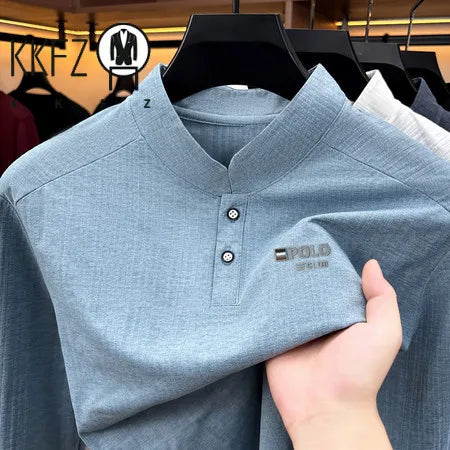 Mens Relaxed Mandarin Collar Shirt Long Sleeve Vertical Texture Embroidery Detail Casual Street Fashion Outer Top