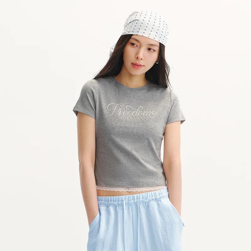 Semir Women Tshirt Short Lace Fake Two Piece Beaded Letter Slim Fit Short Sleeve 2026 New Elegant Daily Top Wear