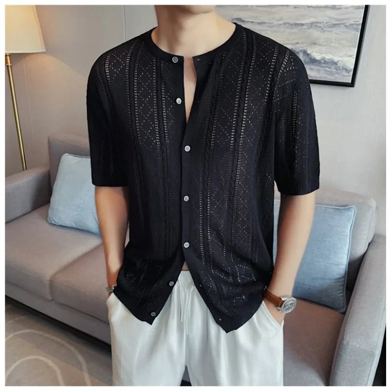 Men's Linen Blend Short Sleeve Knit Cardigan – Breathable Hollow-Out Stand Collar Top with Relaxed Fit for Casual & Outdoor Wear