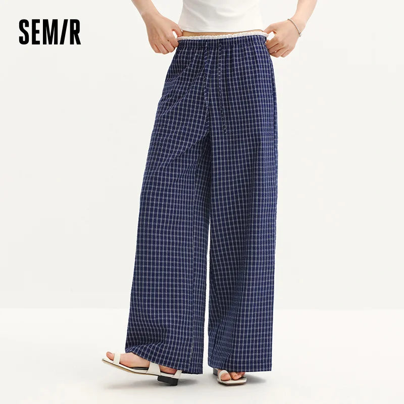 Semir Women Pants Plaid 2026 Textured Ruffle Trim Wide Leg Urban Casual Everyday Style Soft Comfortable Daily Wear Trendy