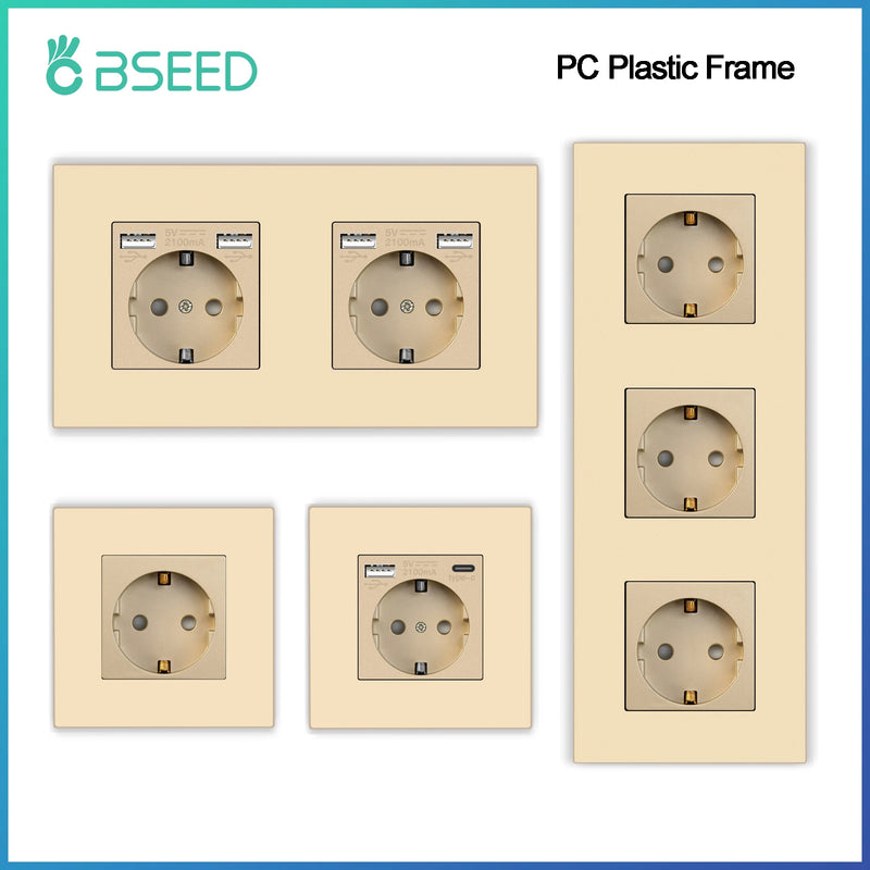 BSEED EU Single Wall Sockets Double 5V 2.1A USB Socket Phone Charge Triple Power Plugs With Plastic Panel Four Frame Outlets