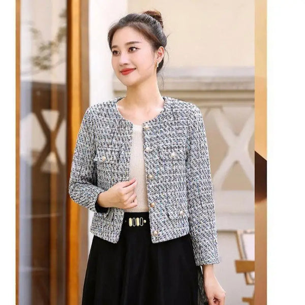អាវធំ Tweed ផ្អែមបែបកូរ៉េថ្មីសម្រាប់នារី ម៉ូដសាមញ្ញ ដៃវែង ស្លីម ស្រស់ស្អាត បែបនារី ក O បែបបើកចំហរ ស្លៀកក្រៅ