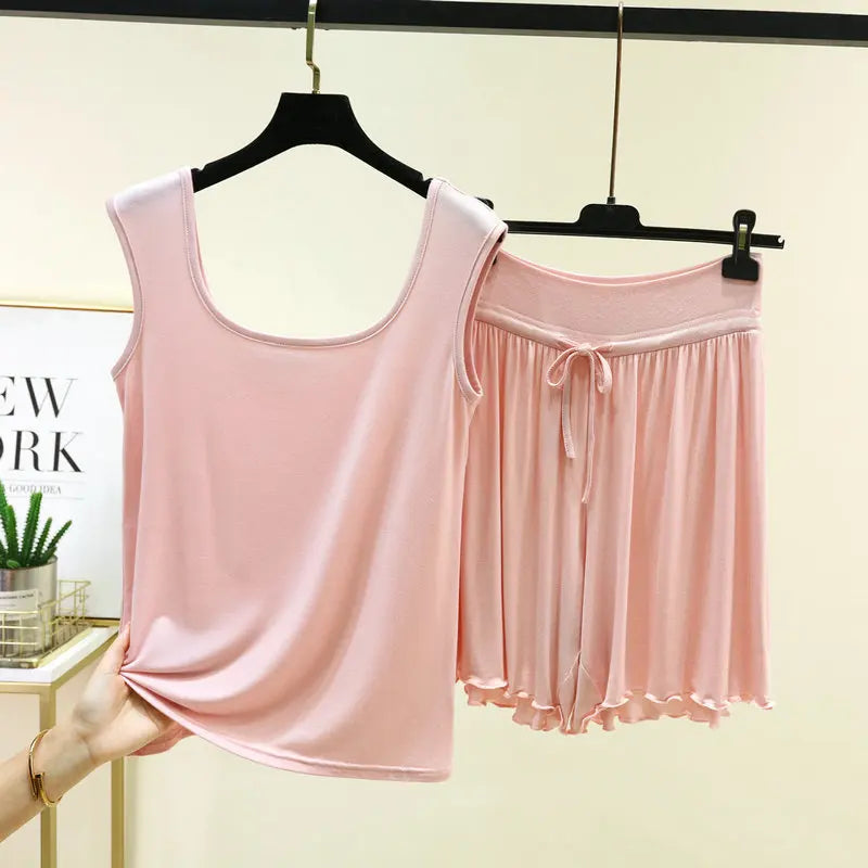 Women's Pajamas Modal Wide Shoulder Double U-neck Vest Shorts Two-piece Set Loose Plus Size Home Suit  Pijama Mujer M-6XL