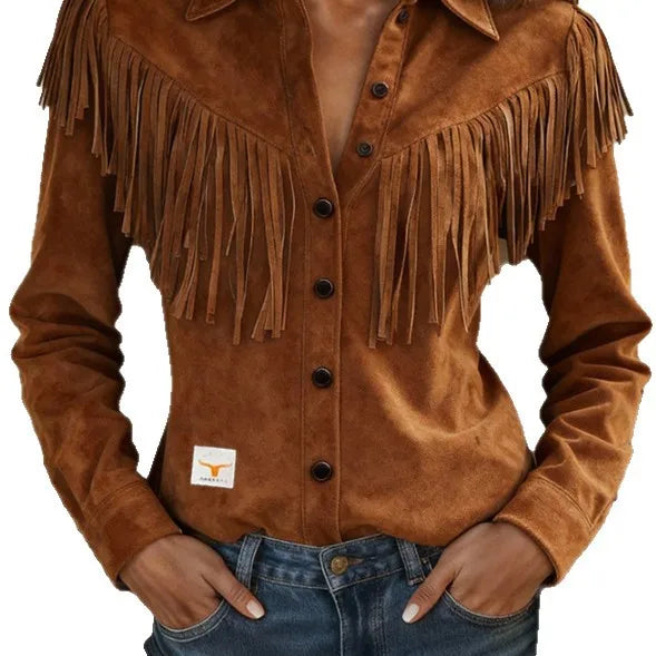Women's Brown Long-sleeve Collared Shirt with A Slight Stretch, Made of Corduroy Fabric; Available in White or Gray.