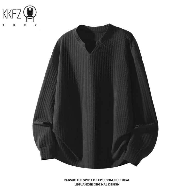 Male Trendy Vertical Weave Top Long Sleeve Notch Neck Irregular Hem Suitable For Dating Weekend Outings Street Scenes