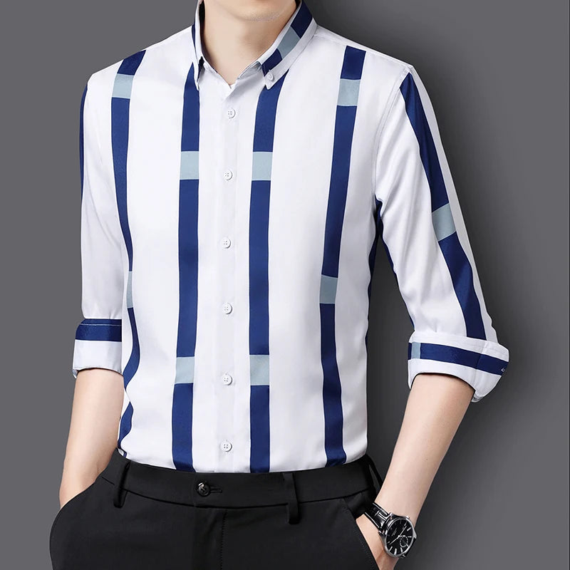 Black Striped Long Sleeve Shirt, Men's Single Breasted Shirts, with Square Collar Yellow Brown Camisas Para Hombre M-5XL