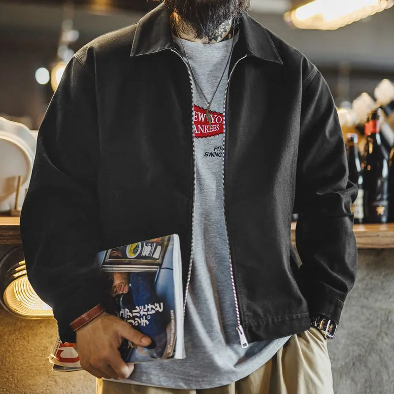 អាវធំ Maden របស់បុរស Vintage Ike ទម្ងន់ធ្ងន់ពណ៌ខ្មៅធ្វើពីកប្បាស មានខ្សែរ៉ូត កអាវ អាវក្រៅភ្នំធម្មតាសម្រាប់រដូវផ្ការីក រដូវស្លឹកឈើជ្រុះ