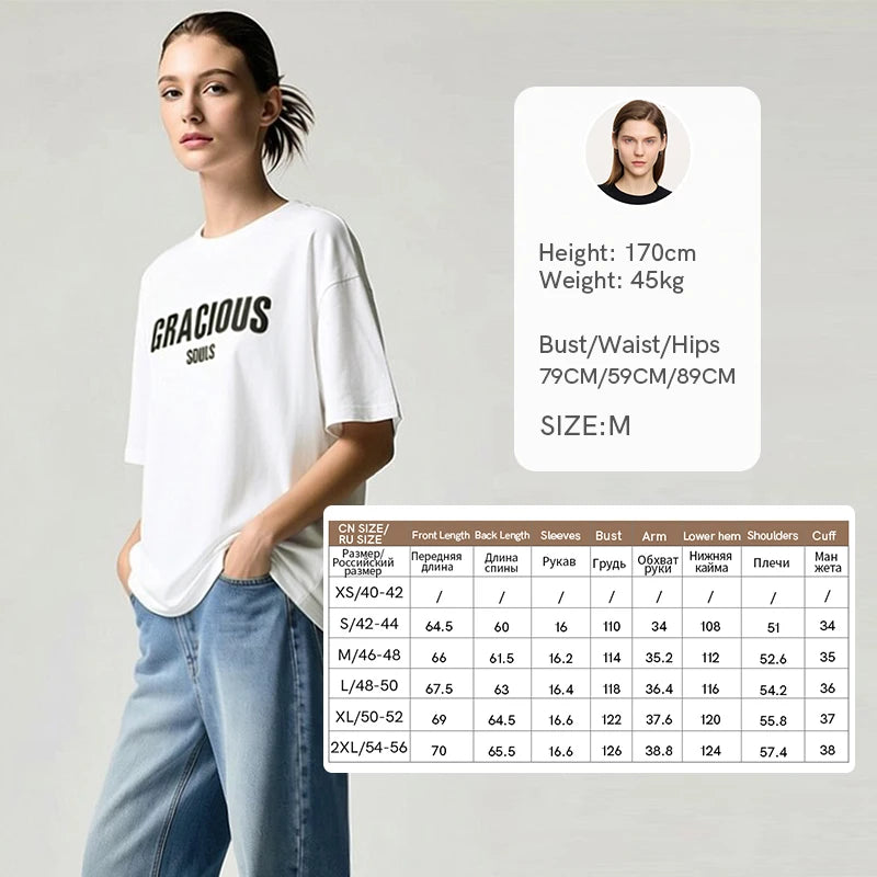 Amii Women's Summer Tee 2026 New Cotton Round Neck Drop Shoulder T-Shirt Loose Letter Printing Female Short Sleeve Top 12622019