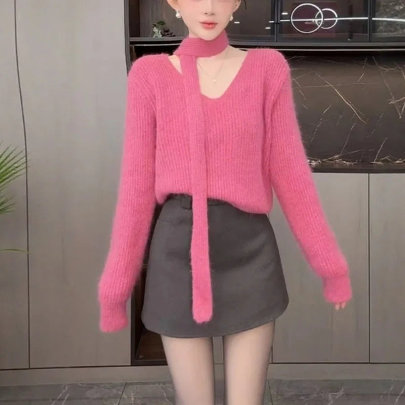 Gentle Soft V-neck Streamer Sweater Women's Autumn Winter Loose Lazy Feel Bottom Knitted Top Spring Pullover Jumper Female