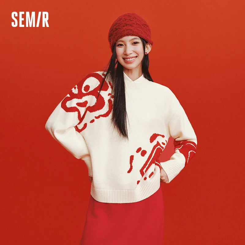 Semir Red Sweater Women 2026 Spring Soft Casual Fashion Comfortable Knitwear Basic Versatile Stylish Daily Wear Top