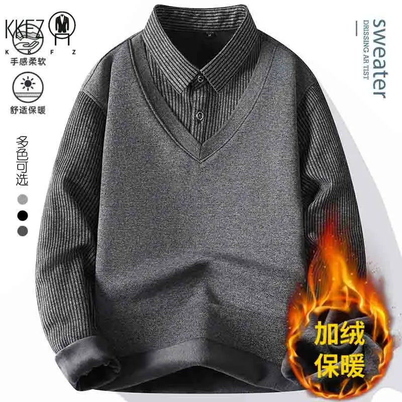 Elastic Knitted Pullover Men Collared Fake Two Piece Full Inner Fleece Thermal Vertical Stripe Long Sleeve Basic Everyday Wear