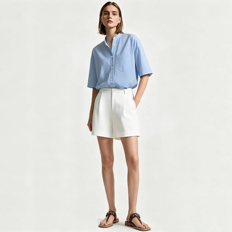 Amii Striped Women's Shirt 2026 Summer New Stand Collar Contrast Ribbon Trim Cotton Blouse Loose Breathable Casual Top 12642011