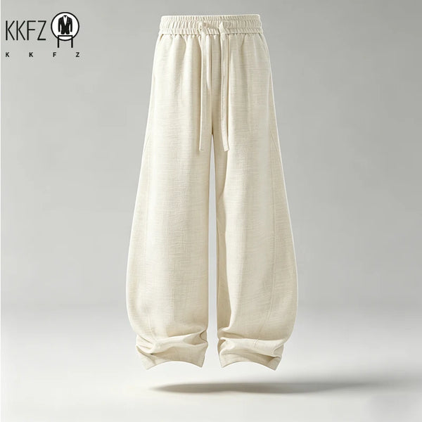 Male Baggy Linen Blend Trousers Adjustable Waist Drawstring Soft Breathable Fabric For Daily Outdoor Street Outfit