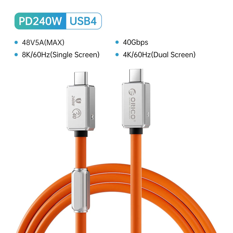 ORICO USB4 Cable 240W Compatible Thunderbolt 4 Video 8K60Hz PD3.1 USB C Fast Charge Data Transfer Silicone for Macbook iPhone15