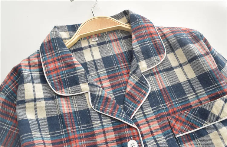 Spring Autumn Men's 100% Cotton Pajamas Suit Leisure Plaid Lapel Long Sleeve Home Clothes Women Sleepwear Set Pijamas De Mujer