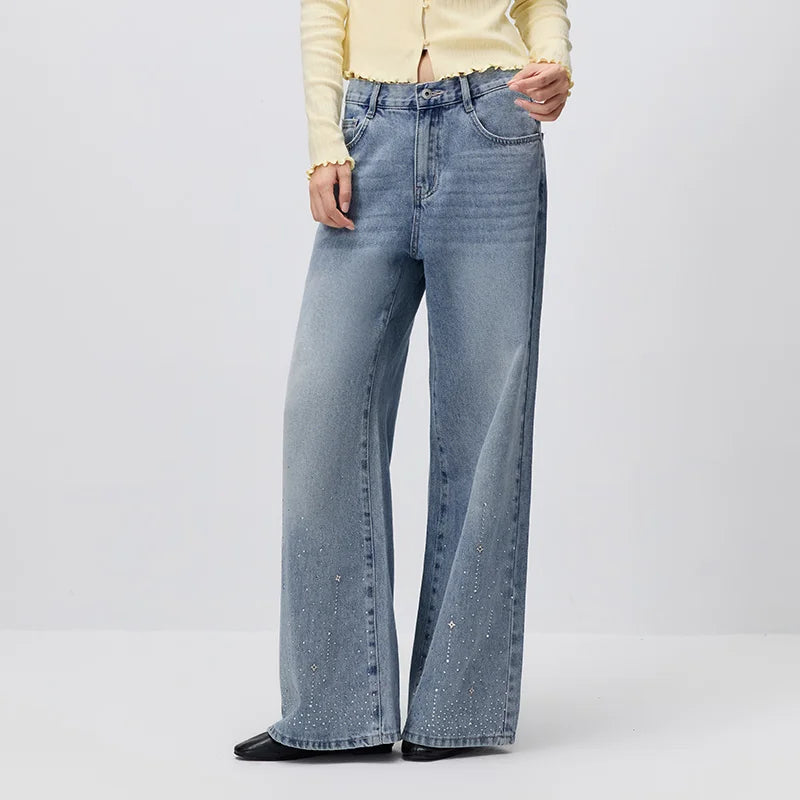 Semir Women Jeans Rhinestone Loose Slight Flare Design Sense Slim Casual Autumn Denim Pants Urban Daily Wear 2026