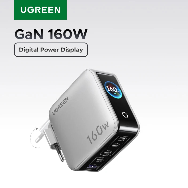 UGREEN 160W GaN Charger With Smart Display AVS PD 3.1 140W QC4.0 For MacbookPro Laptop iPhone 18 17 iPad Tablet SamsungS25 Ultra