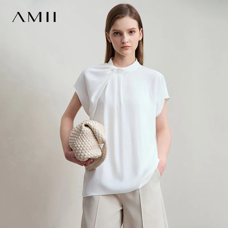 Amii Minimalist Casual Shirt Women Clothing 2026 Summer New Office Lady Asymmetric French Pleated Sleeve Comfort Blouse 12542217
