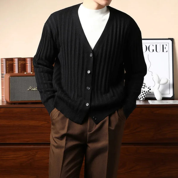 Men's V-Neck Knitted Cardigan – Long Sleeve Button-Up Cable Knit Sweater Outerwear, Casual Slim Fit