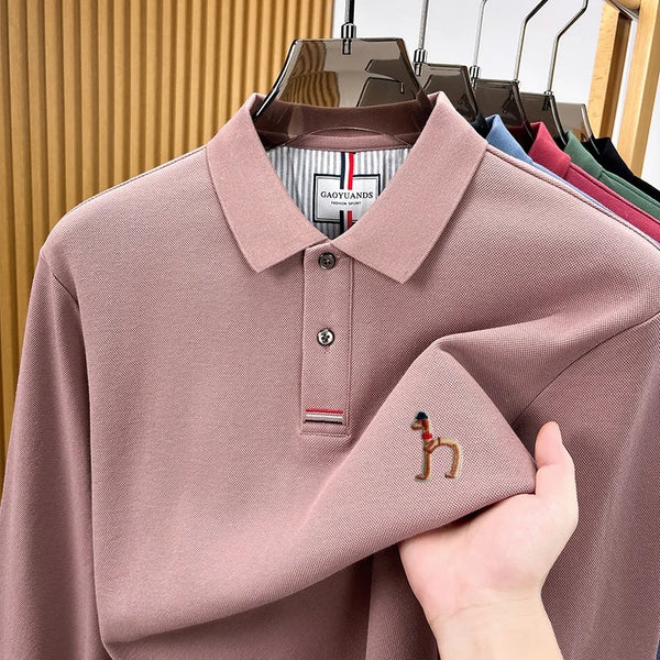 Luxury 100% Cotton Man Long-Sleeved Polo Shirt Lapel Button Exquisite Pattern Embroidery Autumn New Polo Shirt Casual Men's Wear
