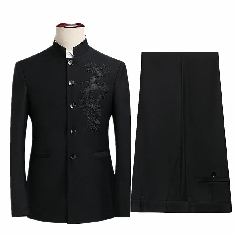 2026 Men's Gray Suit Two-Piece, China Style Single Breasted Lapel Jacket with Trousers, Asian Size Wedding/Party/Business Sets