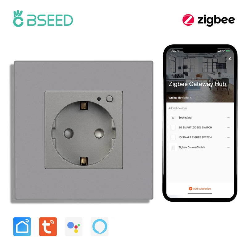 BSEED ZigBee Smart Socket Double Power Outlet Smart Wall Socket Plastic Frame Tuya Google Home Smart Life Control Blue Backlight