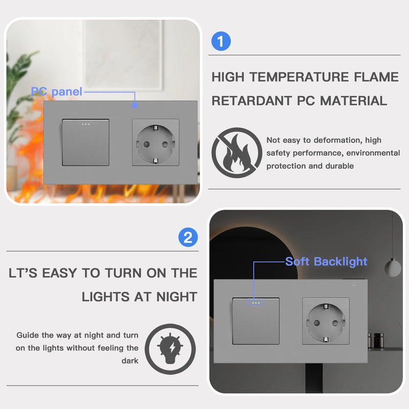 BSEED Button Switch 1/2/3Gang 1Way Wall Sockets With USB Type-C Phone Charger Mounted Double Socket Plastic Panel Triple Outlets