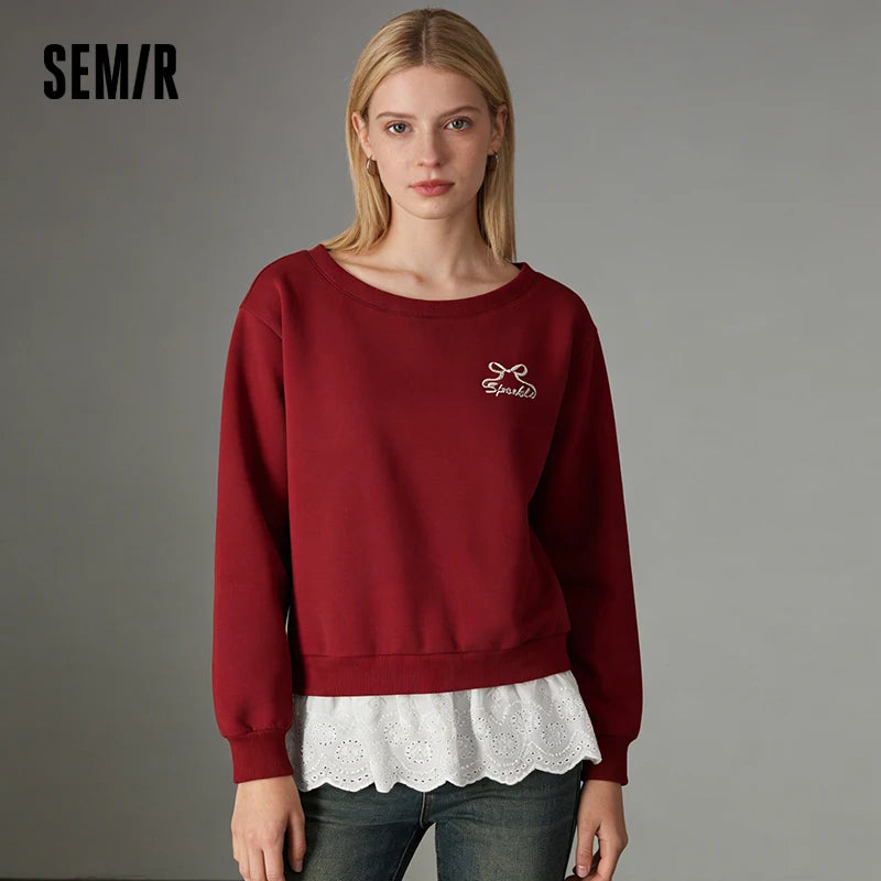 Semir Women Hoodie 2026 New Red One Shoulder Fake Two Piece Sexy Smart Casual Style Spring Holiday Tops