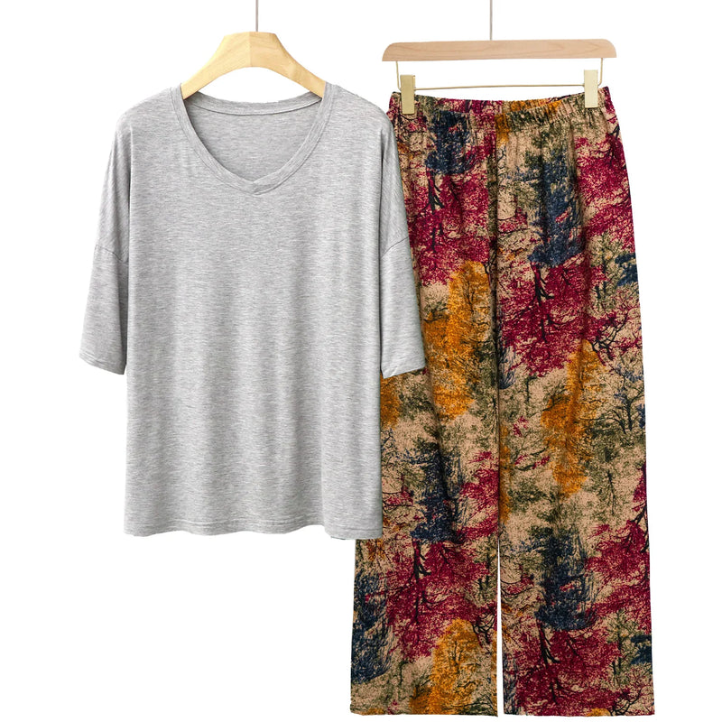 New Print Room Sleepwear Set Short Sleeve Women's Pajamas Casual 2 Pieces Loungewear Clothes Spring Summer Modal Home Suit