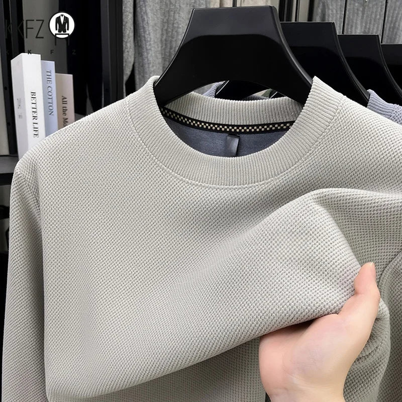 Men Thick Fleece Lined Waffle Knit Pullover Long Sleeve Crew Collar Relax Fit Warm Daily Office Wear Top