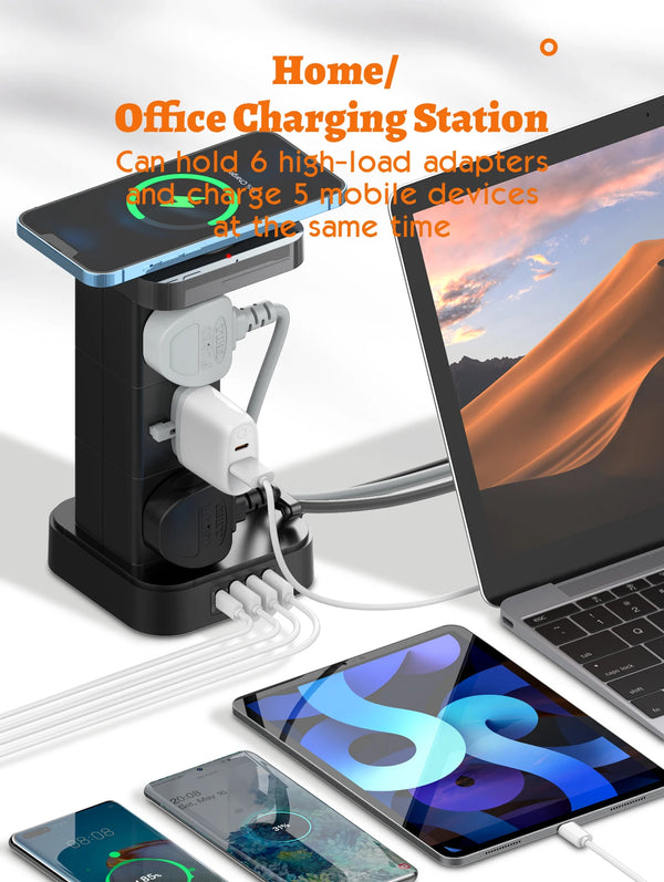 ឌុយភ្លើង LDNIO Tower មានរន្ធដោតចំនួន 6 + រន្ធ USB ចំនួន 4 + ឆ្នាំងសាកឥតខ្សែ ខ្សែភ្លើងប្រវែង 2 ម៉ែត្រ រន្ធដោតបញ្ឈរសម្រាប់ប្រើប្រាស់ក្នុងផ្ទះ